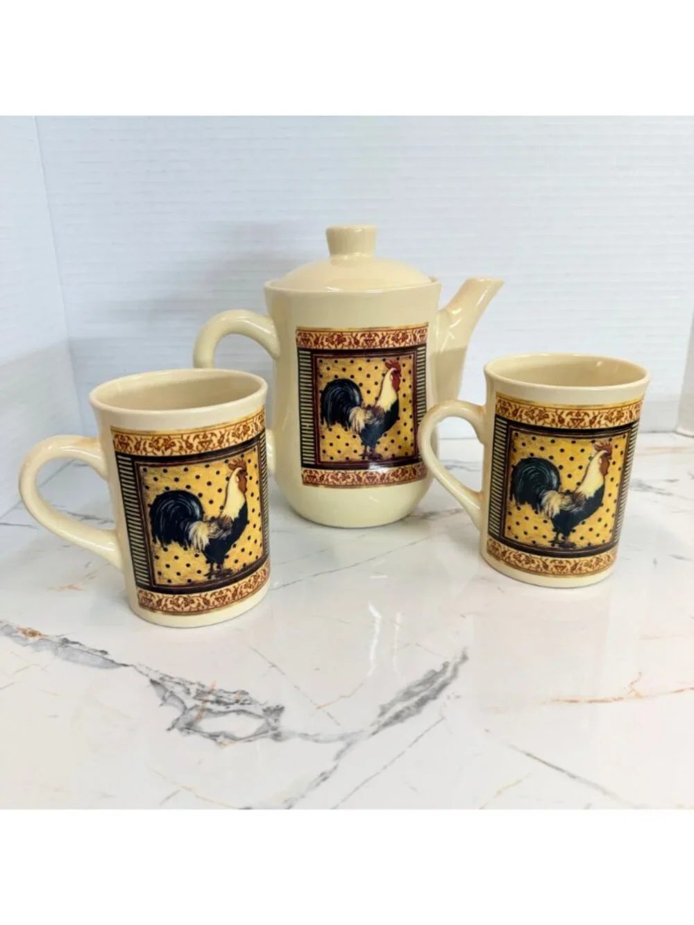 VTG Bay Island Inc Rooster Ceramic Teapot & Mugs 3-Piece Set Farmhouse Decor